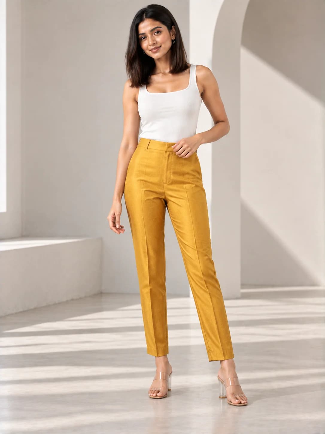 Mustard Silk Blend Cigarette Pants product image — Mustard — image 1