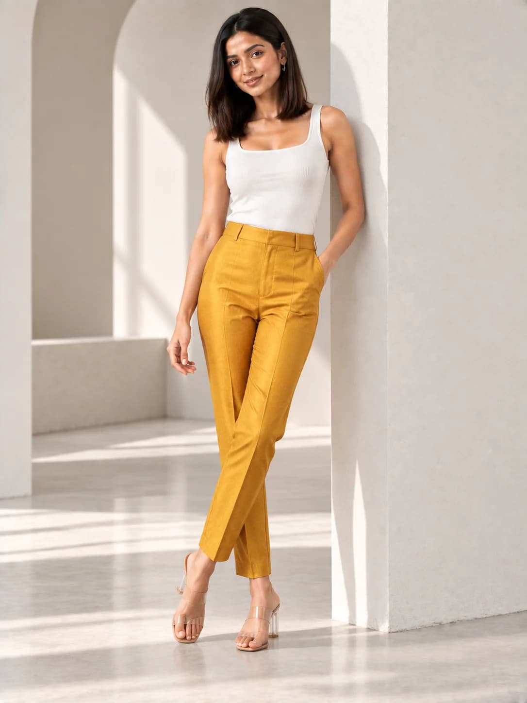 Mustard Silk Blend Cigarette Pants product image — Mustard thumbnail 2