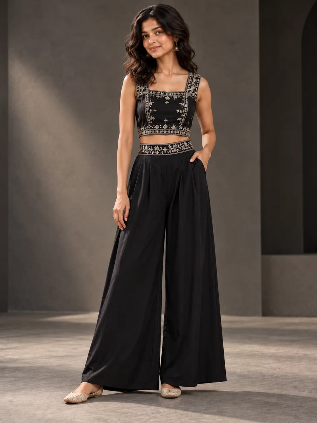 Black Embroidered Crop Top & Palazzo Set product image — Black — image 1