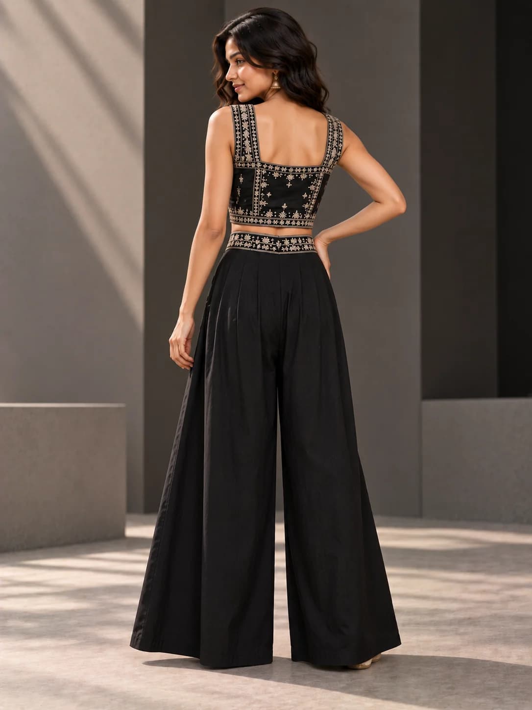 Black Embroidered Crop Top & Palazzo Set product image — Black thumbnail 3