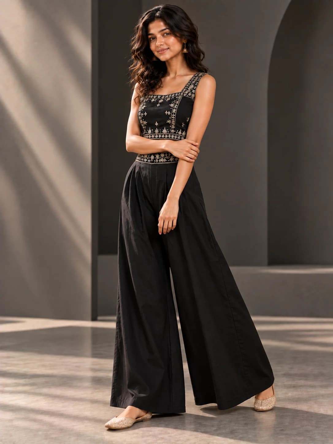 Black Embroidered Crop Top & Palazzo Set product image — Black thumbnail 4