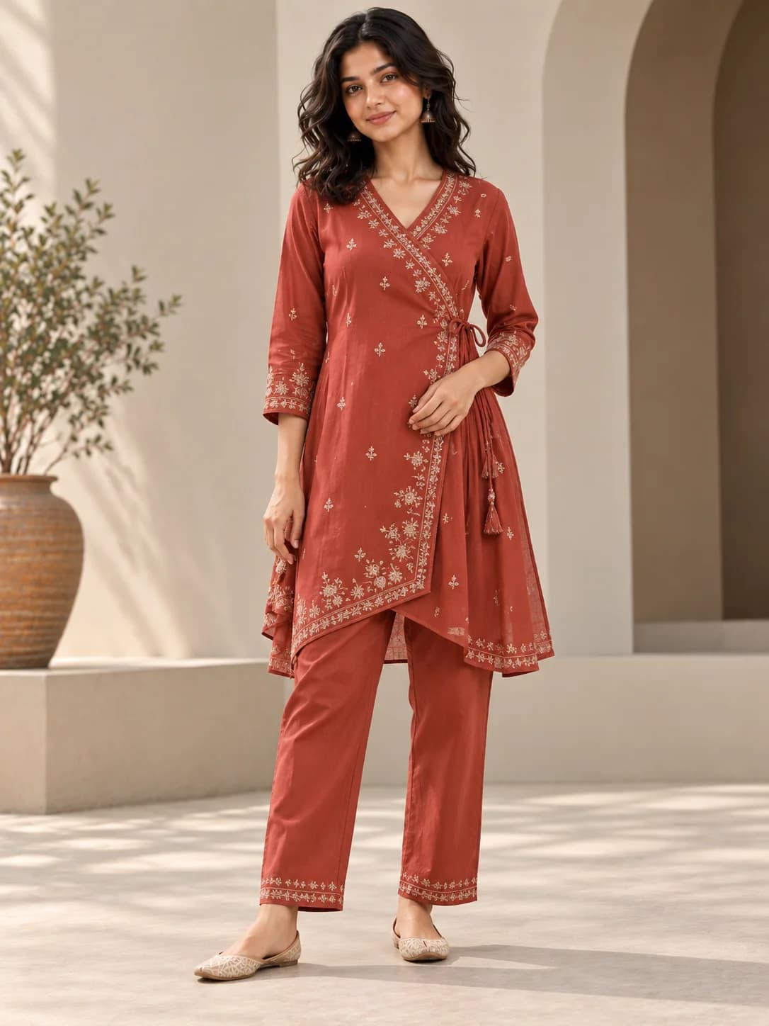 Rust Embroidered Angrakha Top & Pant Set product image — Rust — image 1