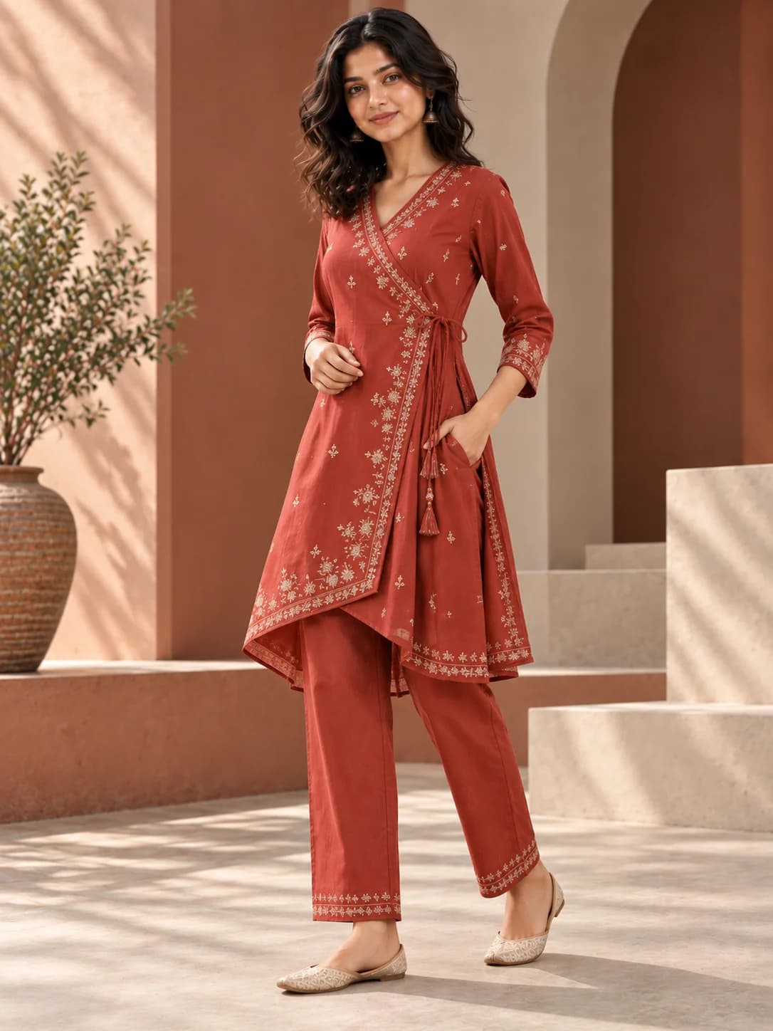 Rust Embroidered Angrakha Top & Pant Set product image — Rust thumbnail 2