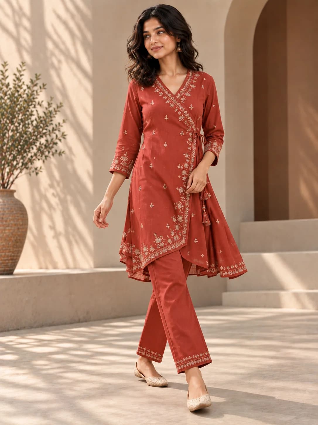 Rust Embroidered Angrakha Top & Pant Set product image — Rust thumbnail 3