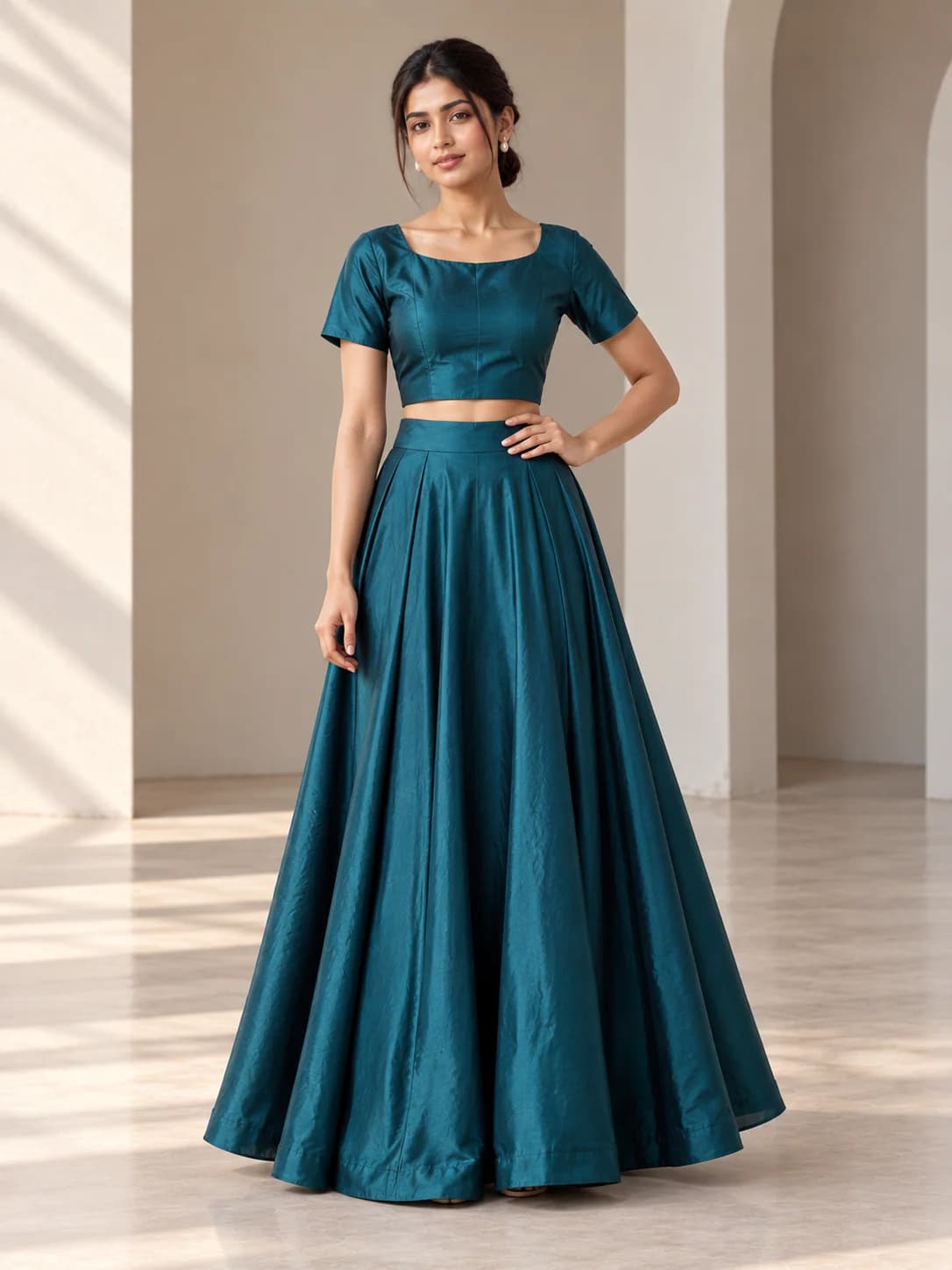 Teal Silk Blend Crop Top & Flared Skirt Set product image — Teal — image 1