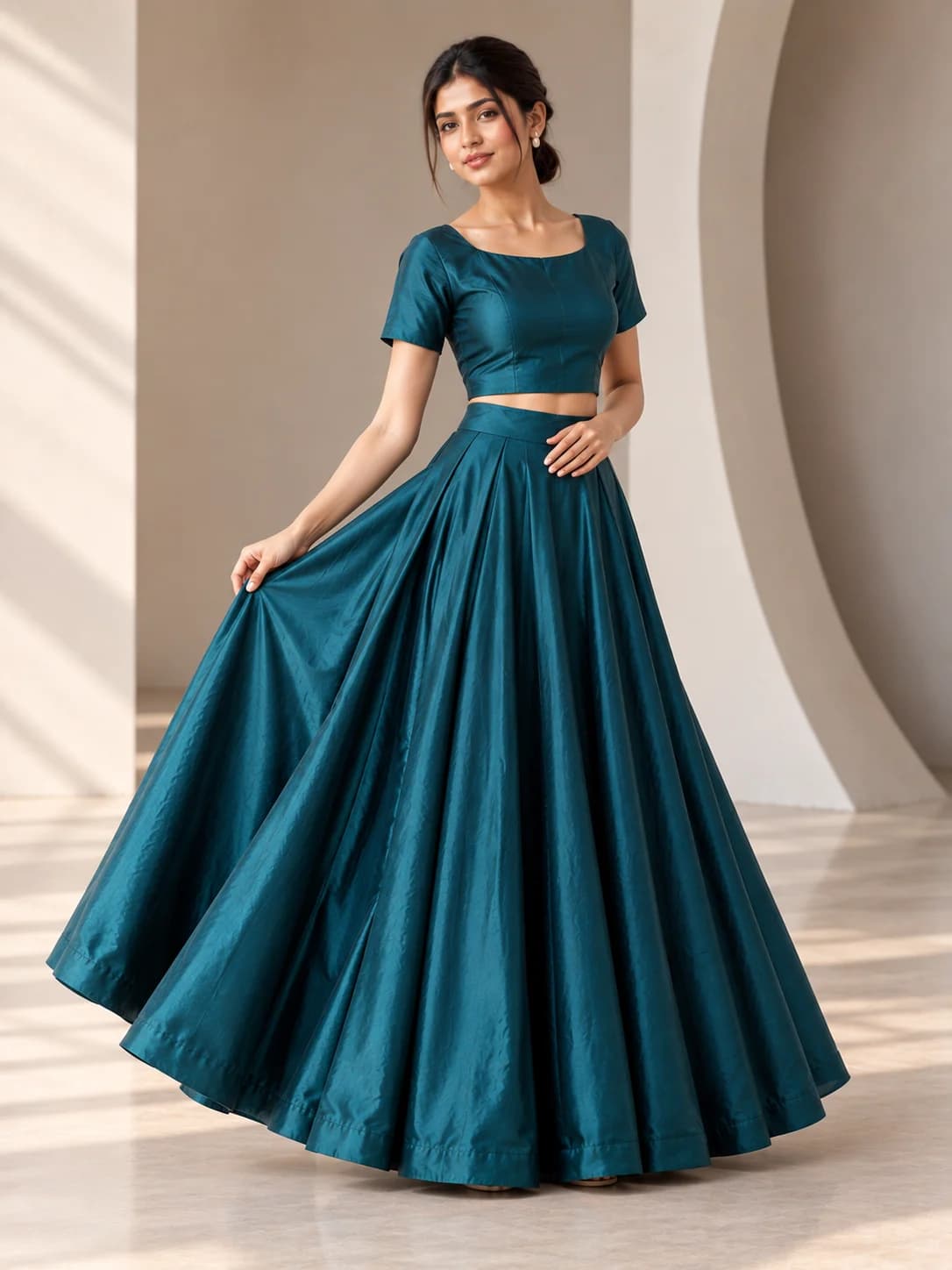 Teal Silk Blend Crop Top & Flared Skirt Set product image — Teal thumbnail 2