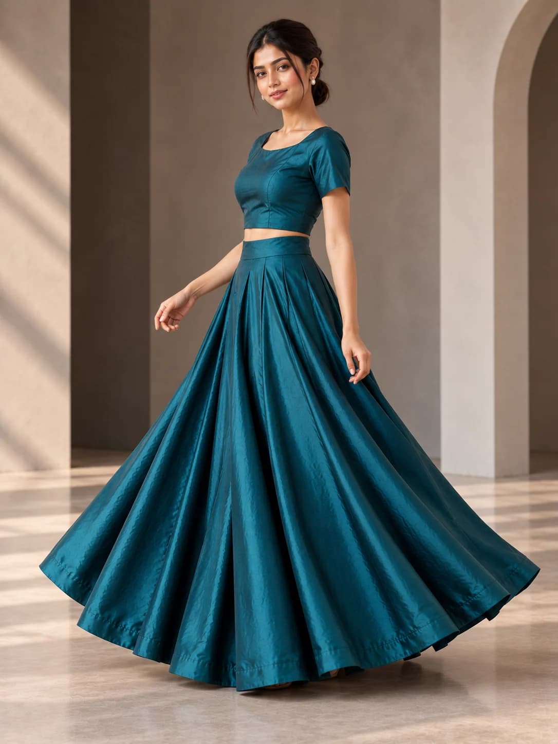 Teal Silk Blend Crop Top & Flared Skirt Set product image — Teal thumbnail 3