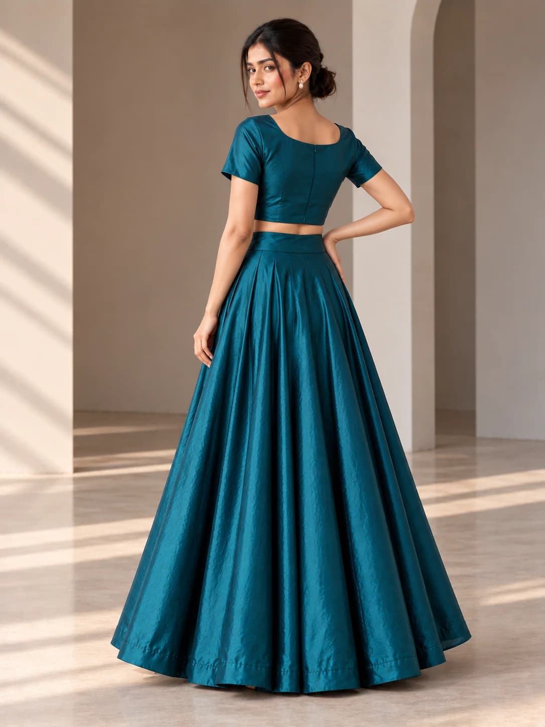 Teal Silk Blend Crop Top & Flared Skirt Set product image — Teal thumbnail 4