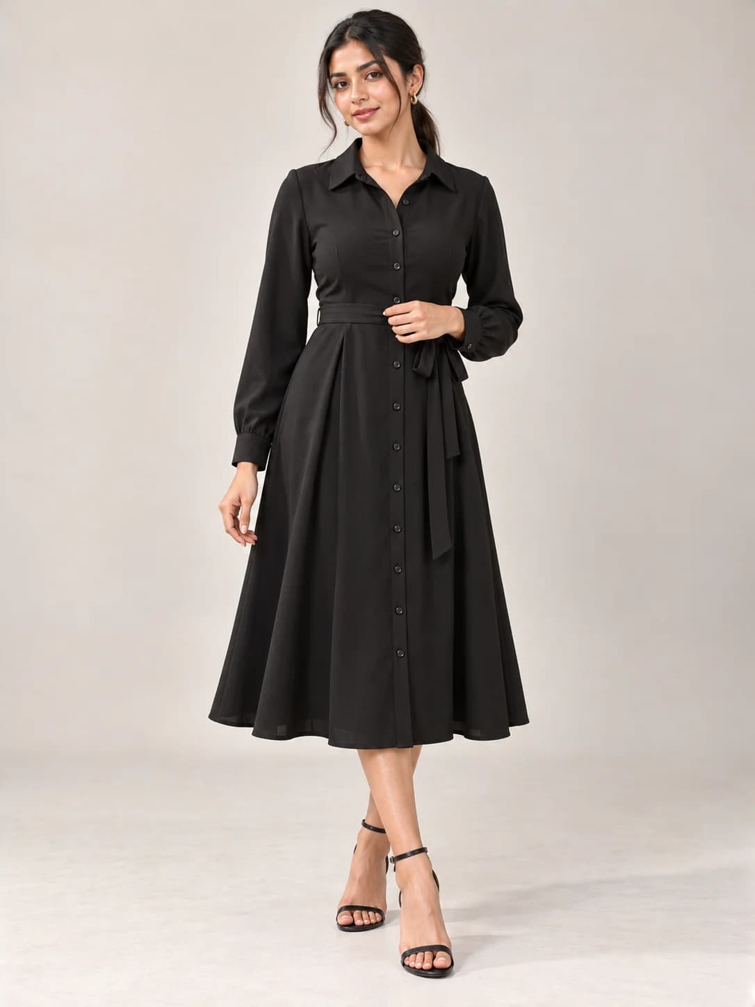 Black Crepe Midi Shirt Dress product image — Black — image 1