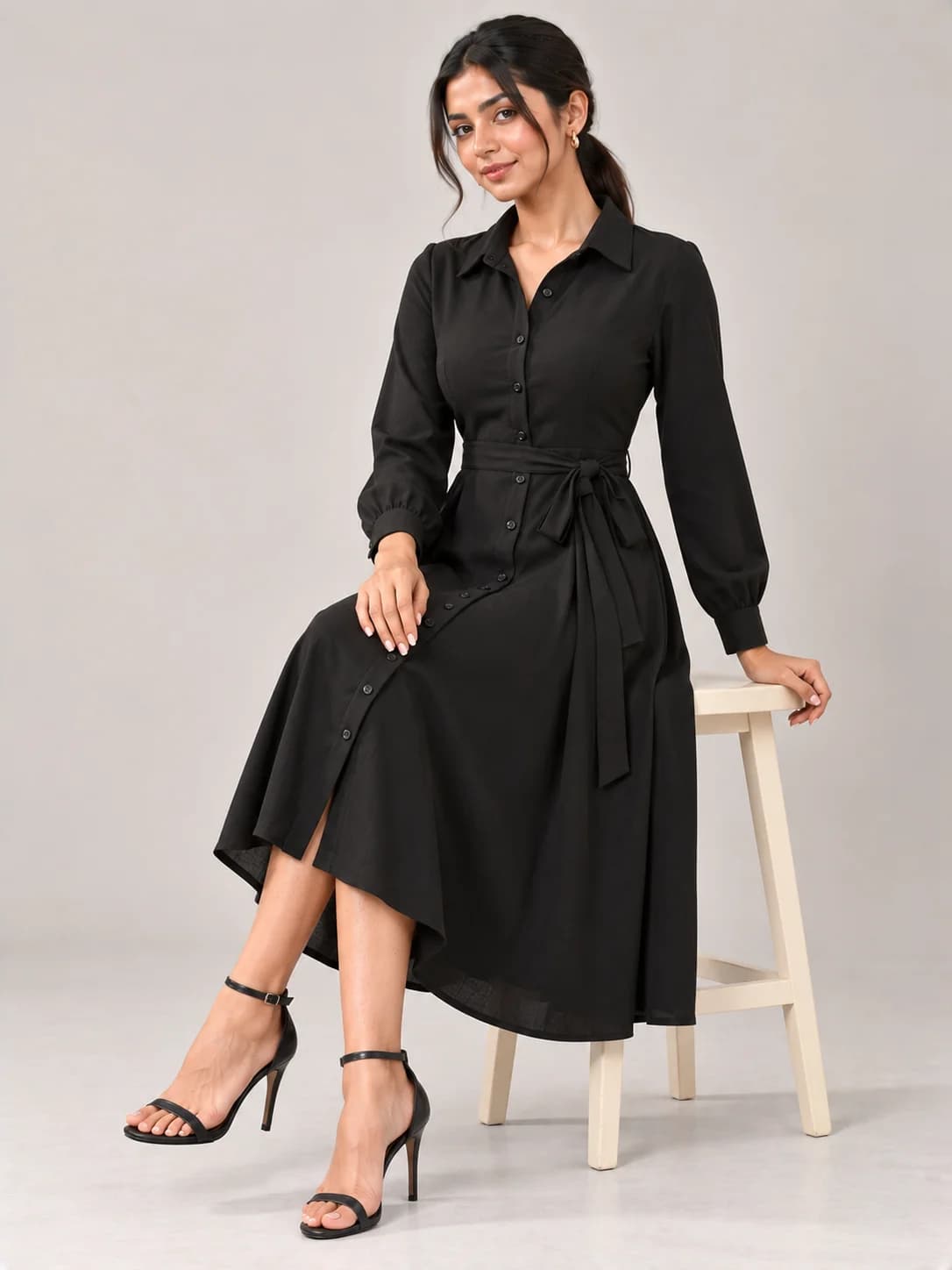 Black Crepe Midi Shirt Dress product image — Black thumbnail 3