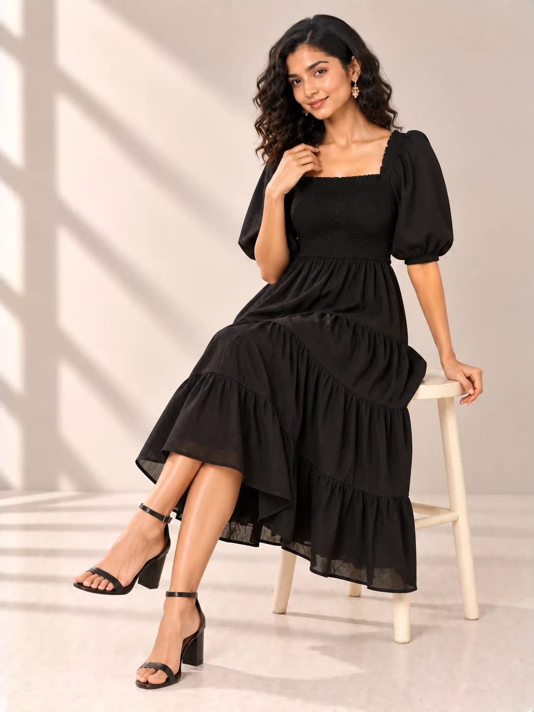 Black Rayon Smocked Tiered Midi Dress product image — Black thumbnail 3