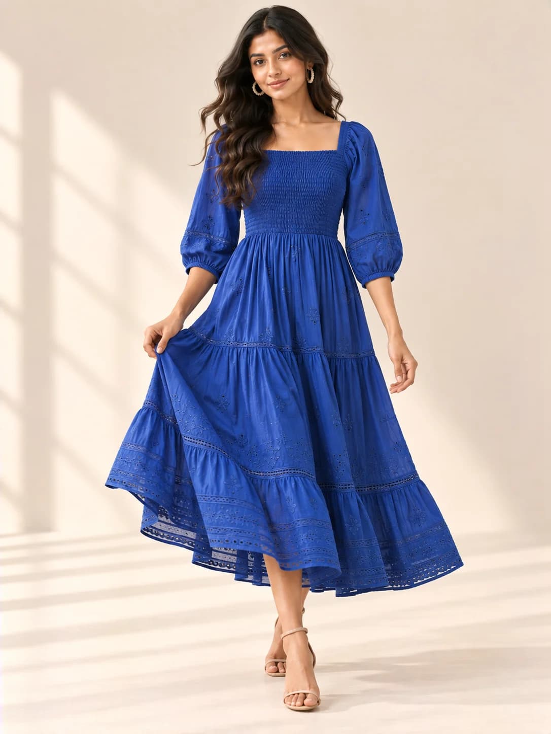 Cobalt Blue Smocked Boho Midi Dress product image — Cobalt Blue thumbnail 2