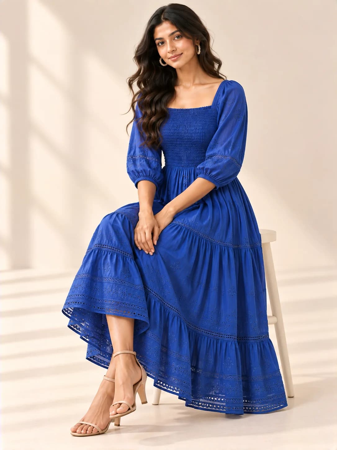 Cobalt Blue Smocked Boho Midi Dress product image — Cobalt Blue thumbnail 3