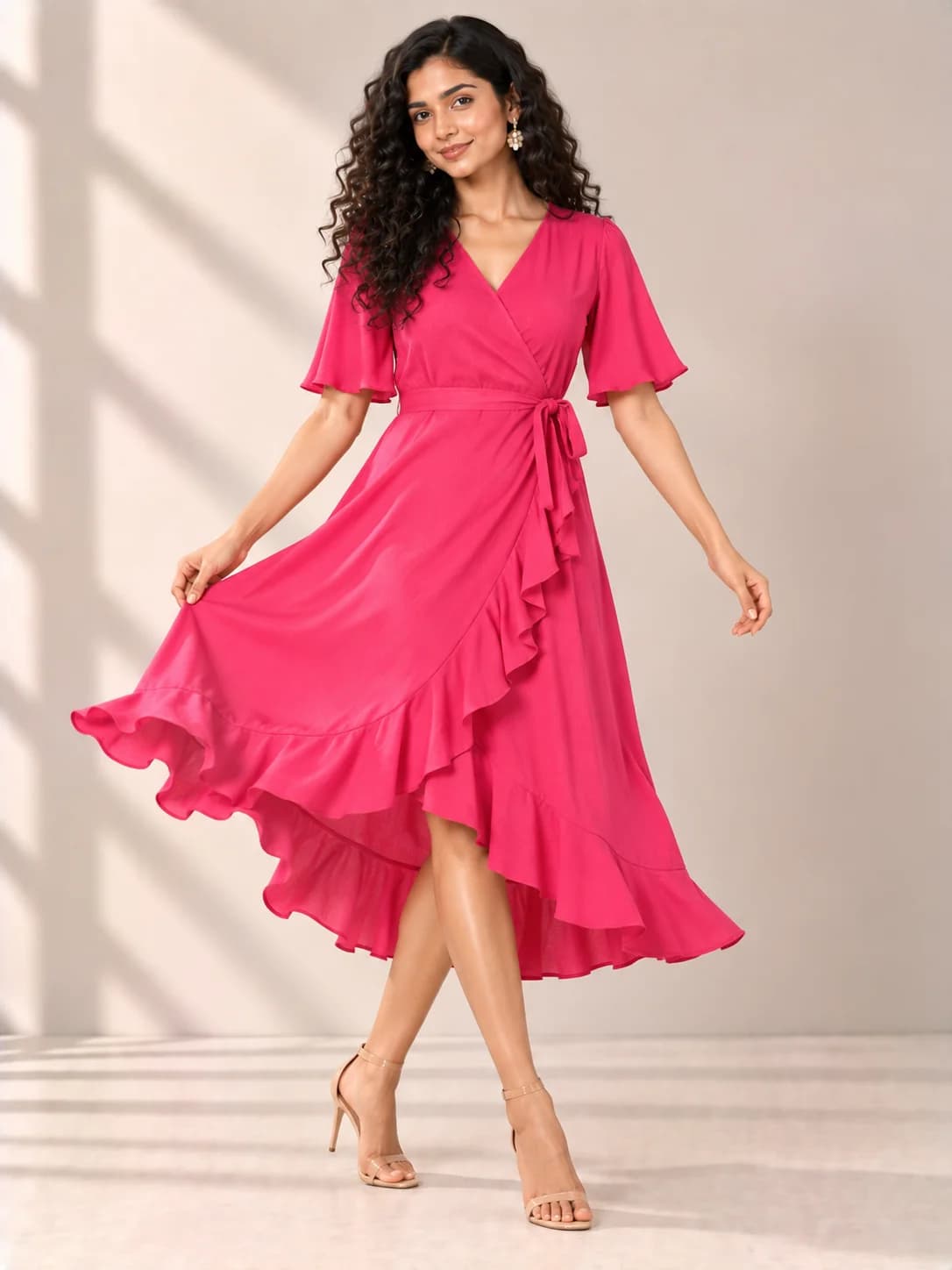 Hot Pink Ruffle Wrap Dress product image — Hot Pink thumbnail 2