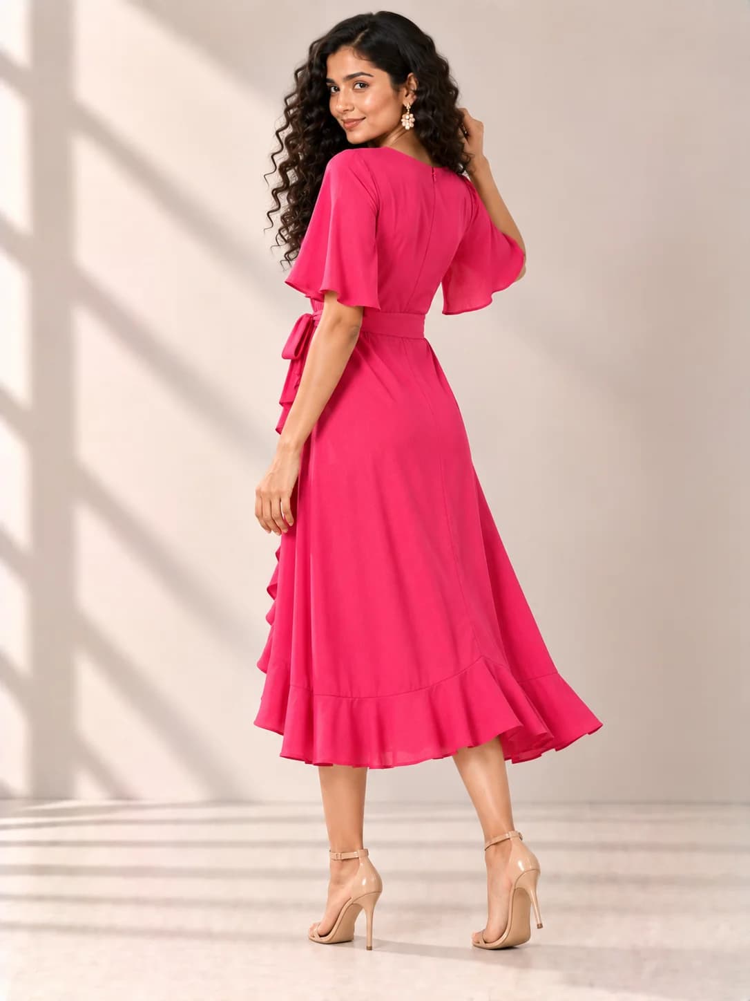Hot Pink Ruffle Wrap Dress product image — Hot Pink thumbnail 4