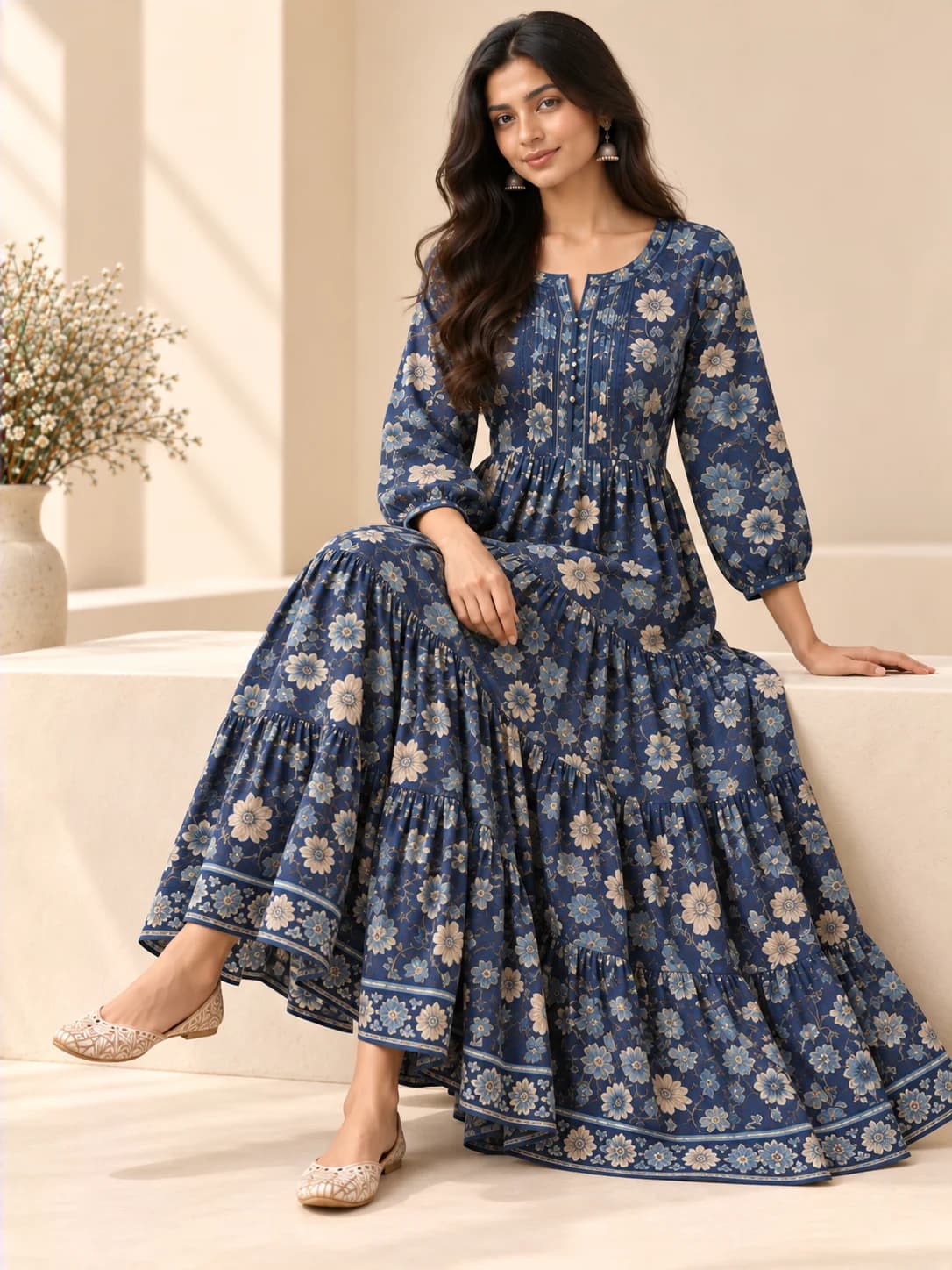 Indigo Cotton Floral Tiered Dress product image — Indigo thumbnail 3