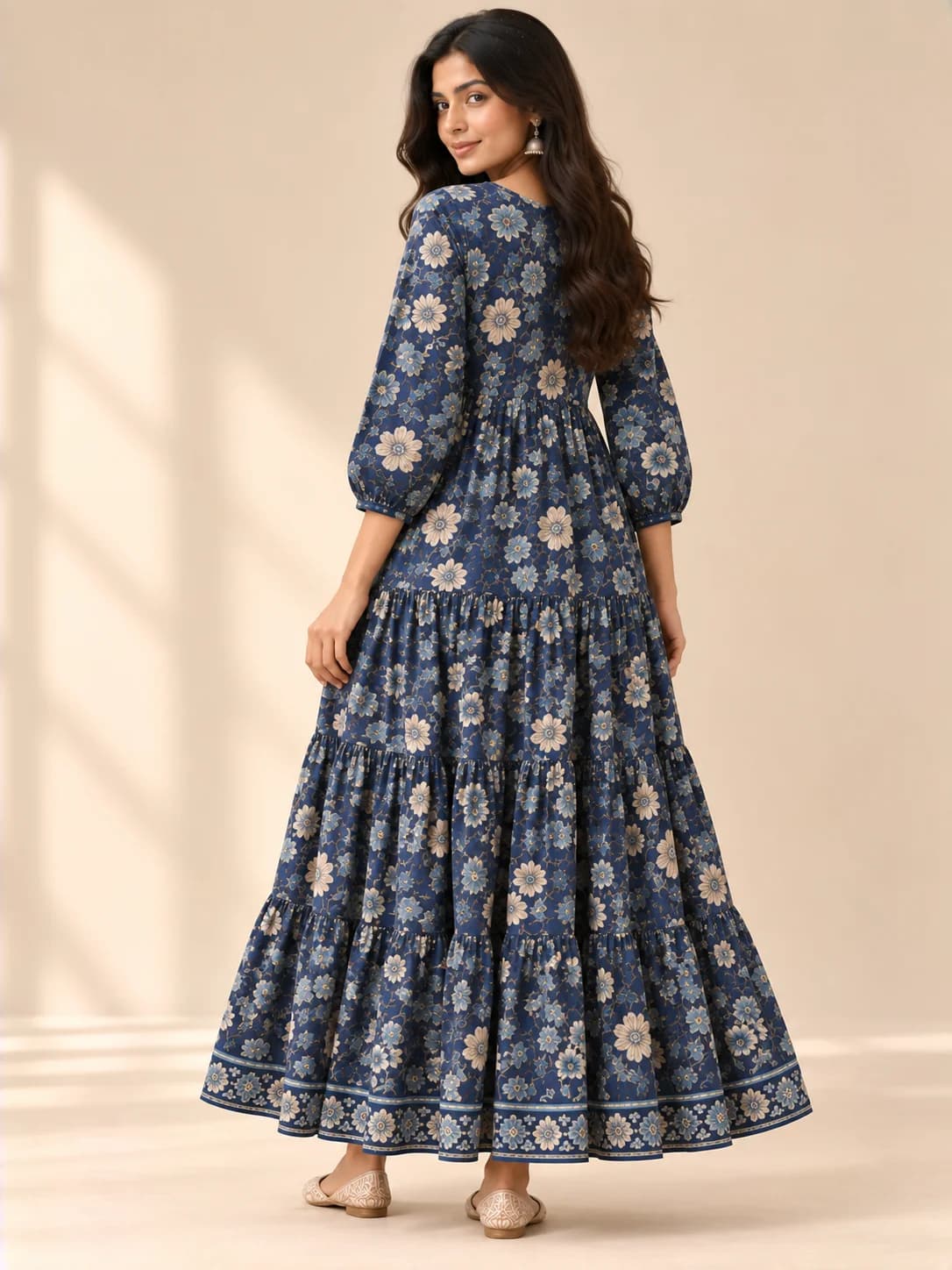 Indigo Cotton Floral Tiered Dress product image — Indigo thumbnail 4