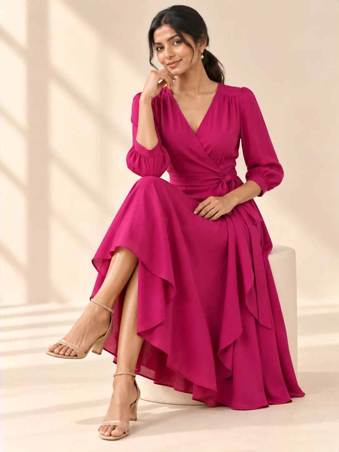 Magenta Rayon Wrap Dress product image — Magenta thumbnail 3