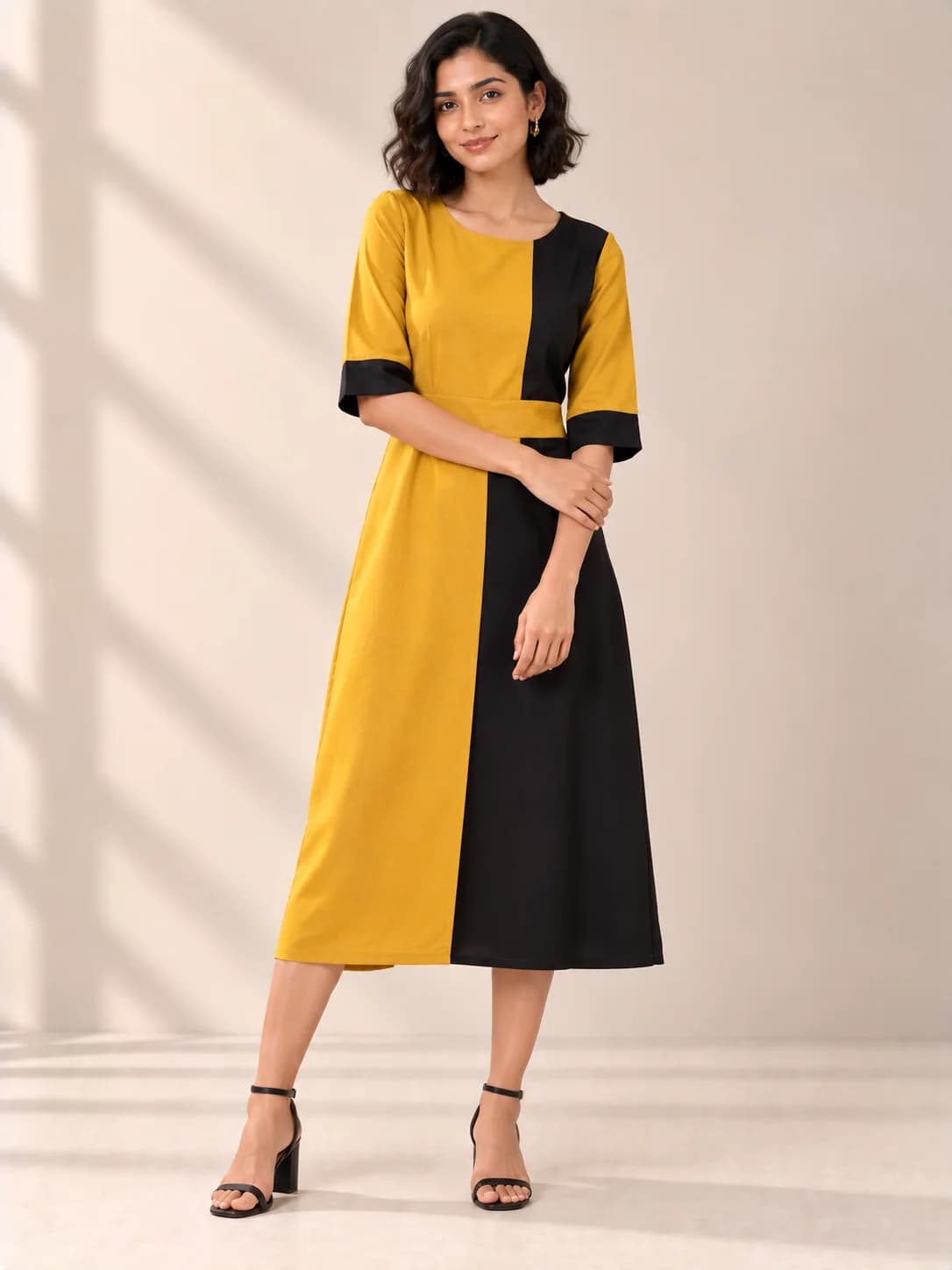 Mustard & Black Colour-Block Shift Dress product image — Mustard — image 1