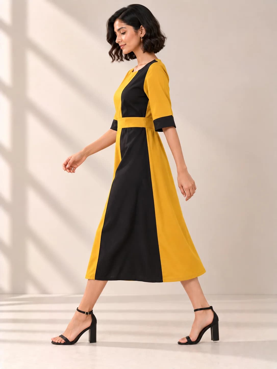 Mustard & Black Colour-Block Shift Dress product image — Mustard thumbnail 3