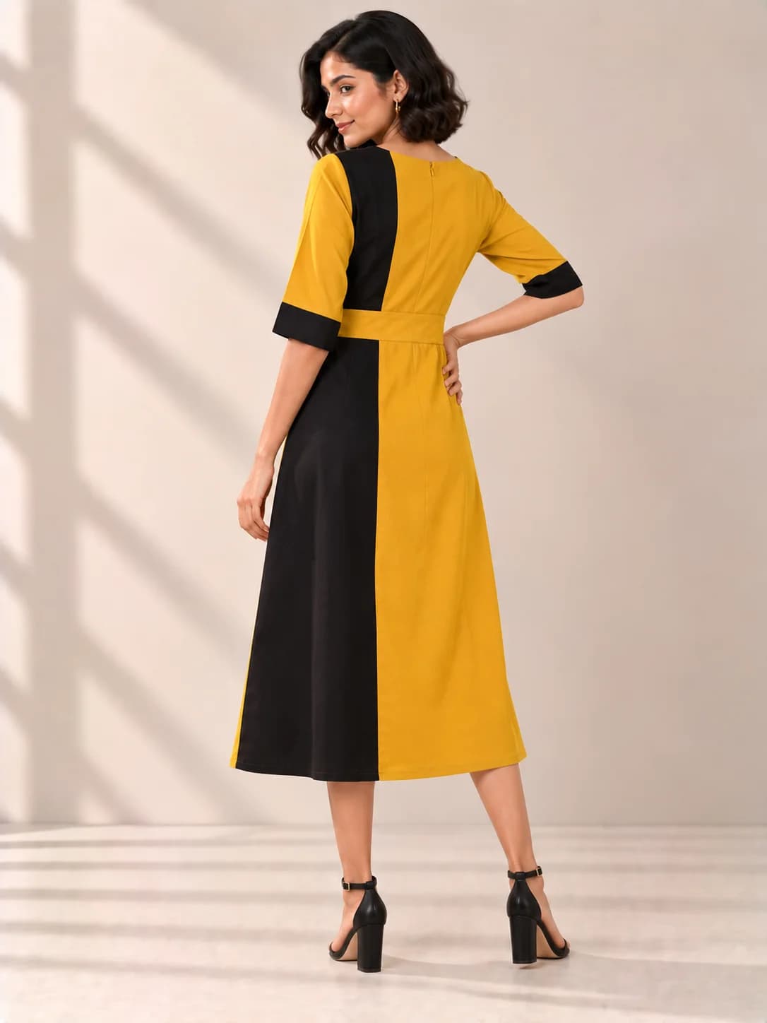 Mustard & Black Colour-Block Shift Dress product image — Mustard thumbnail 4