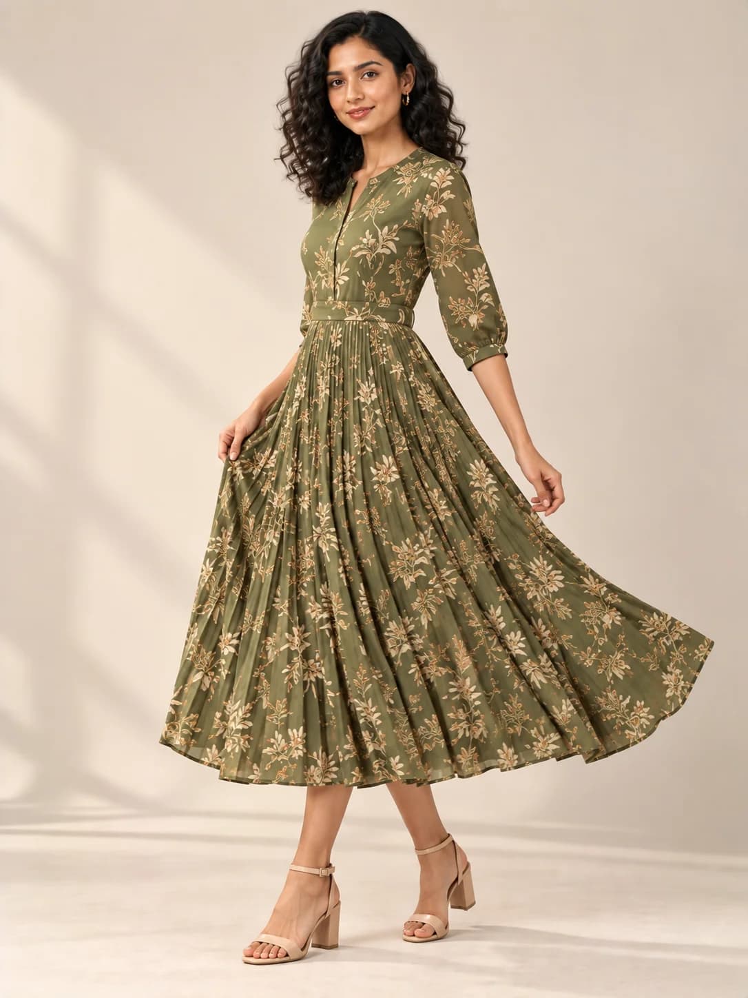 Olive Viscose Printed Pleated Midi product image — Olive thumbnail 2