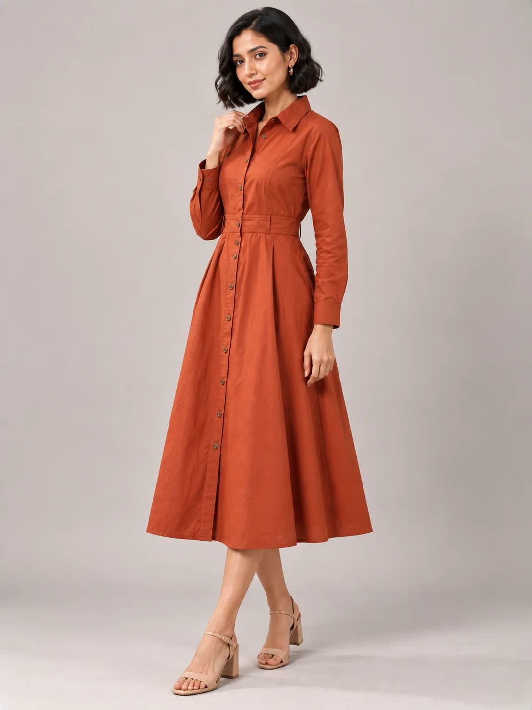 Rust Cotton Midi Shirt Dress product image — Rust thumbnail 3