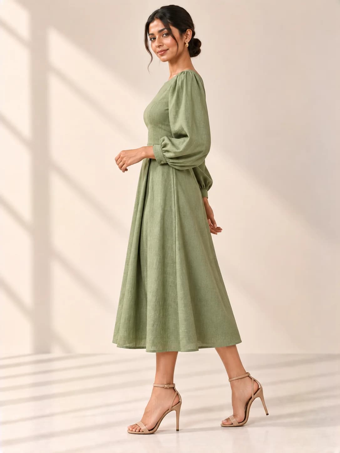 Sage Green Linen Balloon-Sleeve Midi Dress product image — Sage Green thumbnail 3