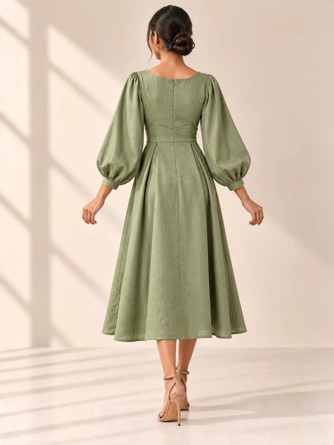 Sage Green Linen Balloon-Sleeve Midi Dress product image — Sage Green thumbnail 4