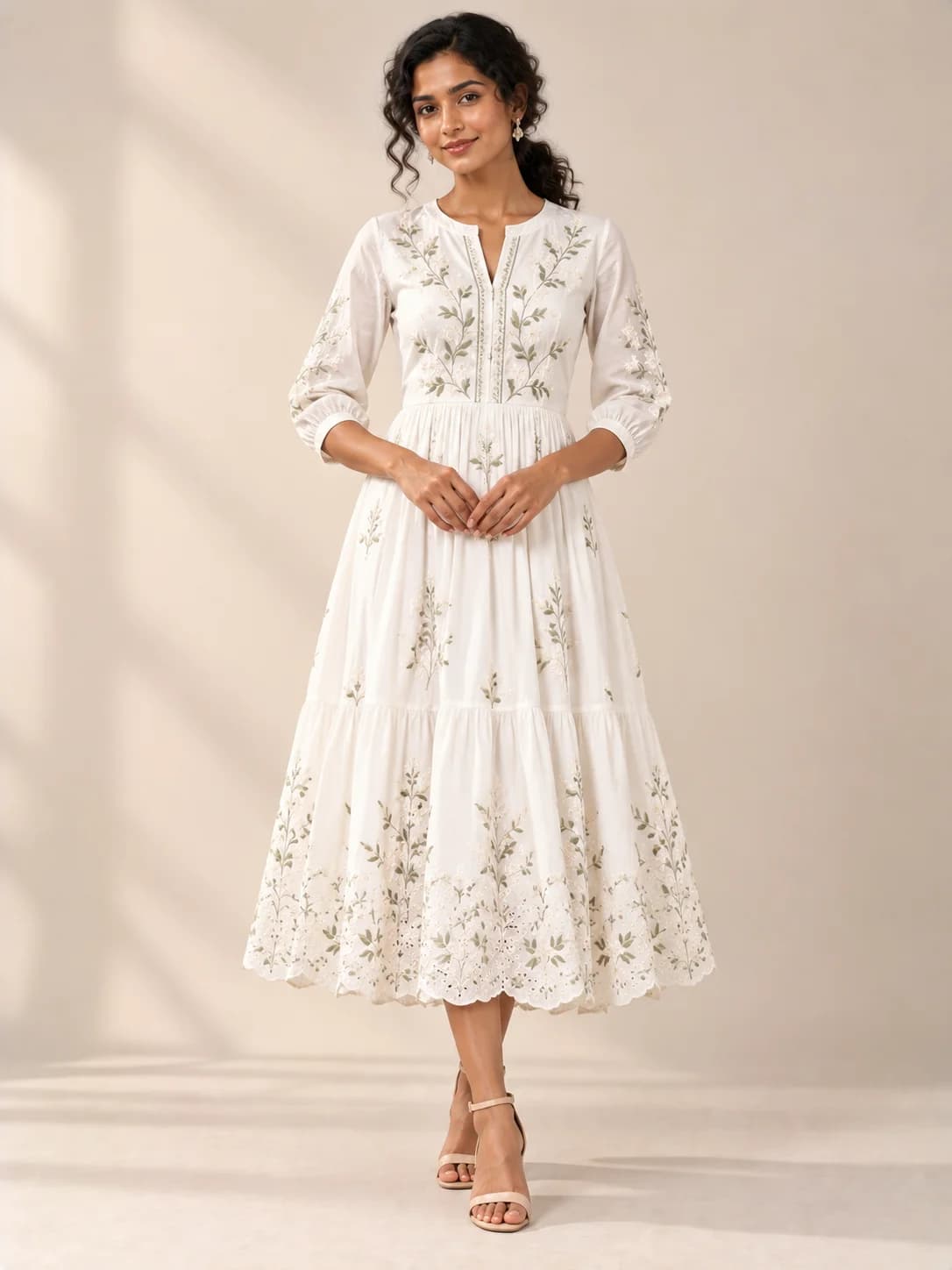 White Cotton Embroidered Midi Dress product image — White — image 1