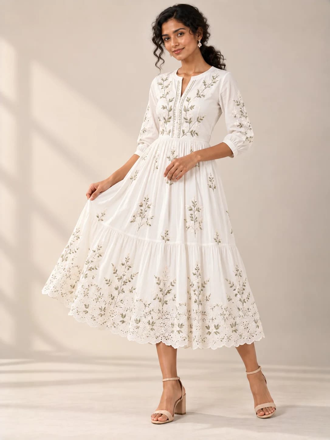 White Cotton Embroidered Midi Dress product image — White thumbnail 2