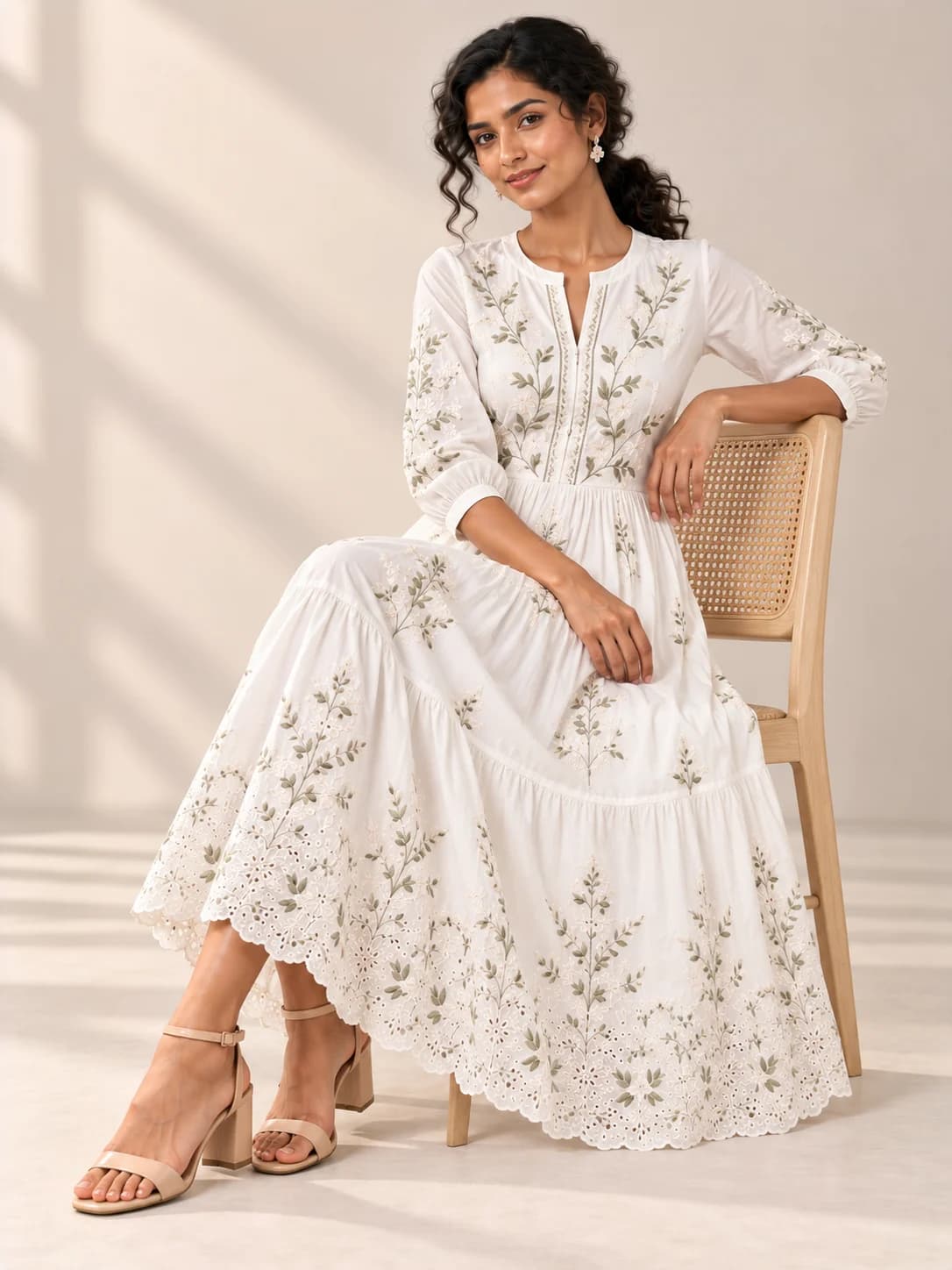 White Cotton Embroidered Midi Dress product image — White thumbnail 3