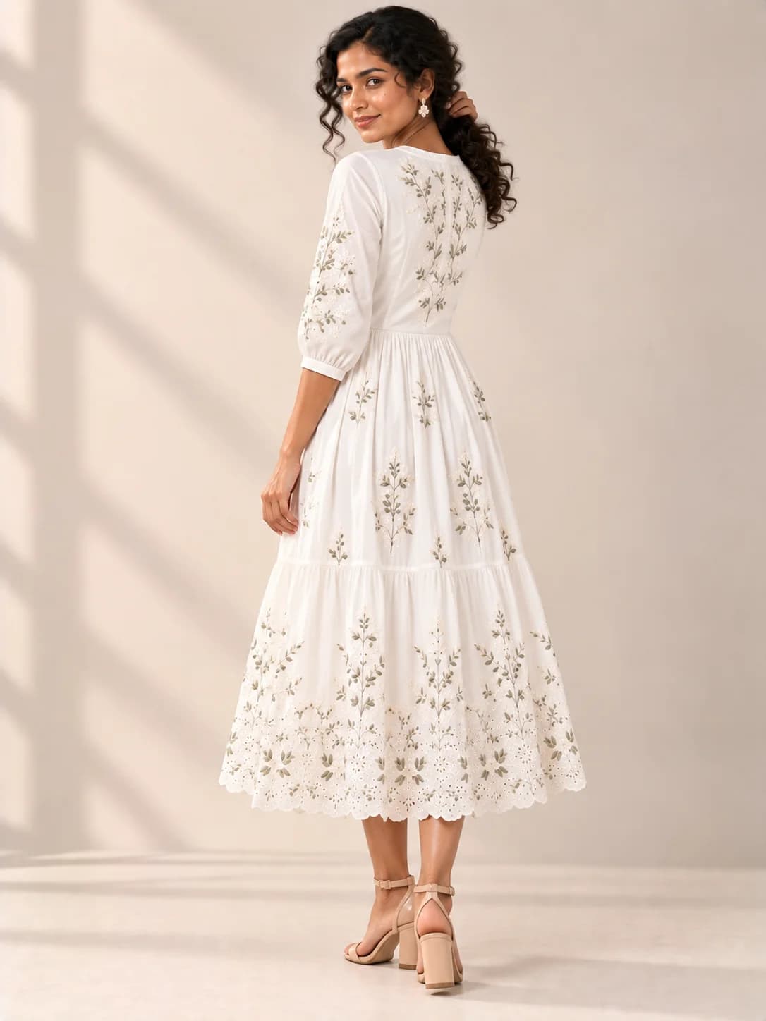 White Cotton Embroidered Midi Dress product image — White thumbnail 4