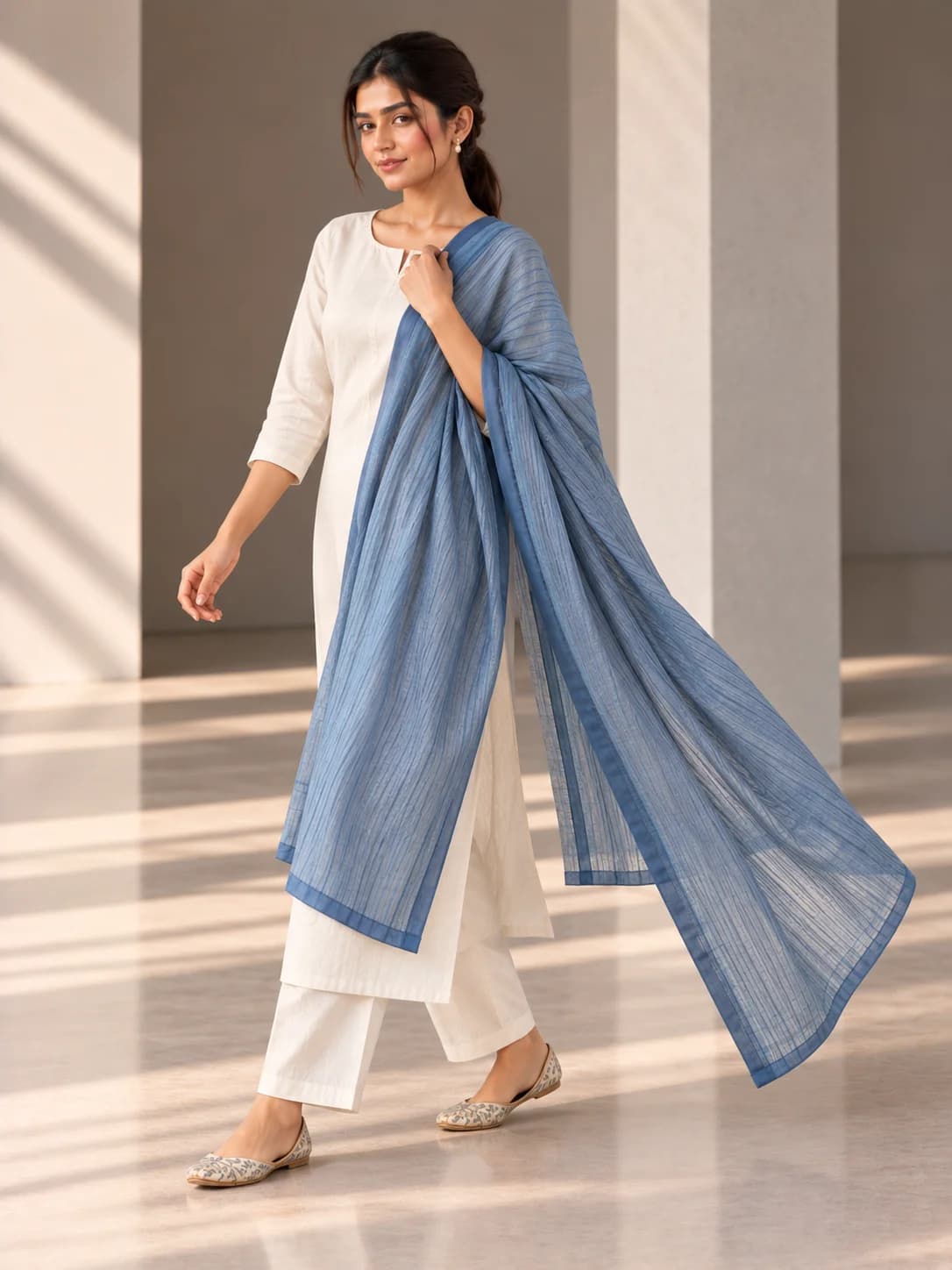 Dusty Blue Cotton Textured Dupatta product image — Dusty Blue — image 1