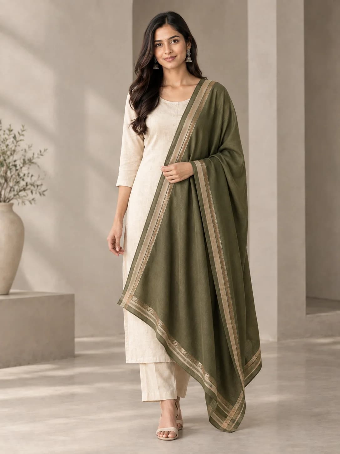 Olive Viscose Bordered Dupatta product image — Olive — image 1