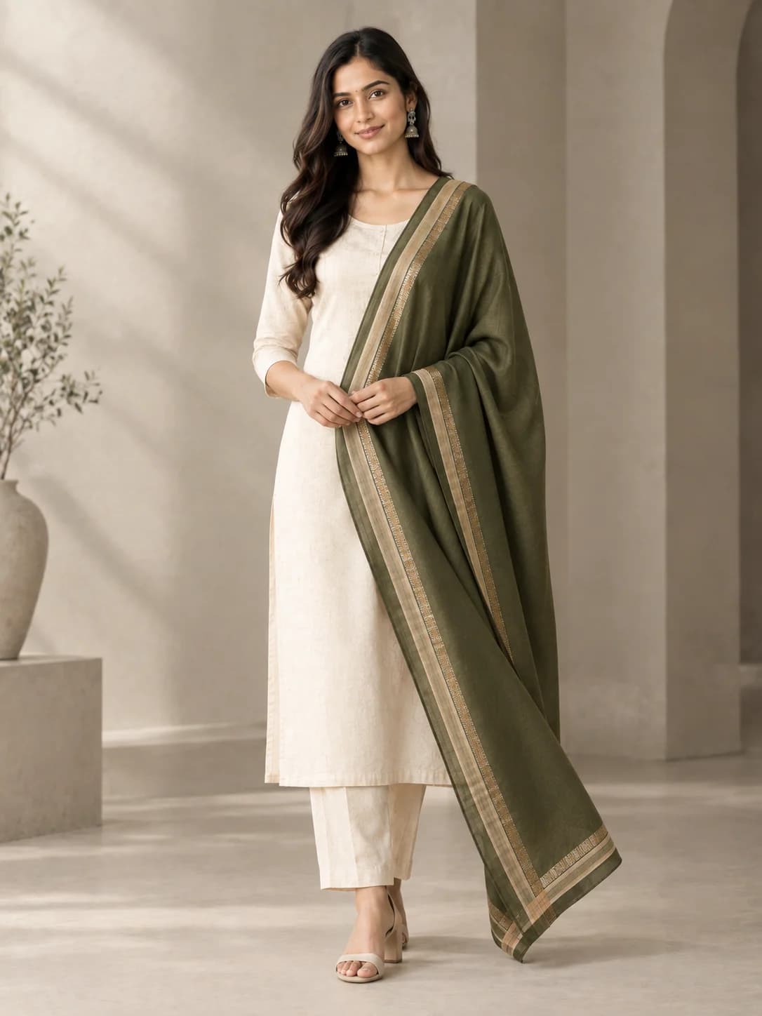 Olive Viscose Bordered Dupatta product image — Olive thumbnail 2