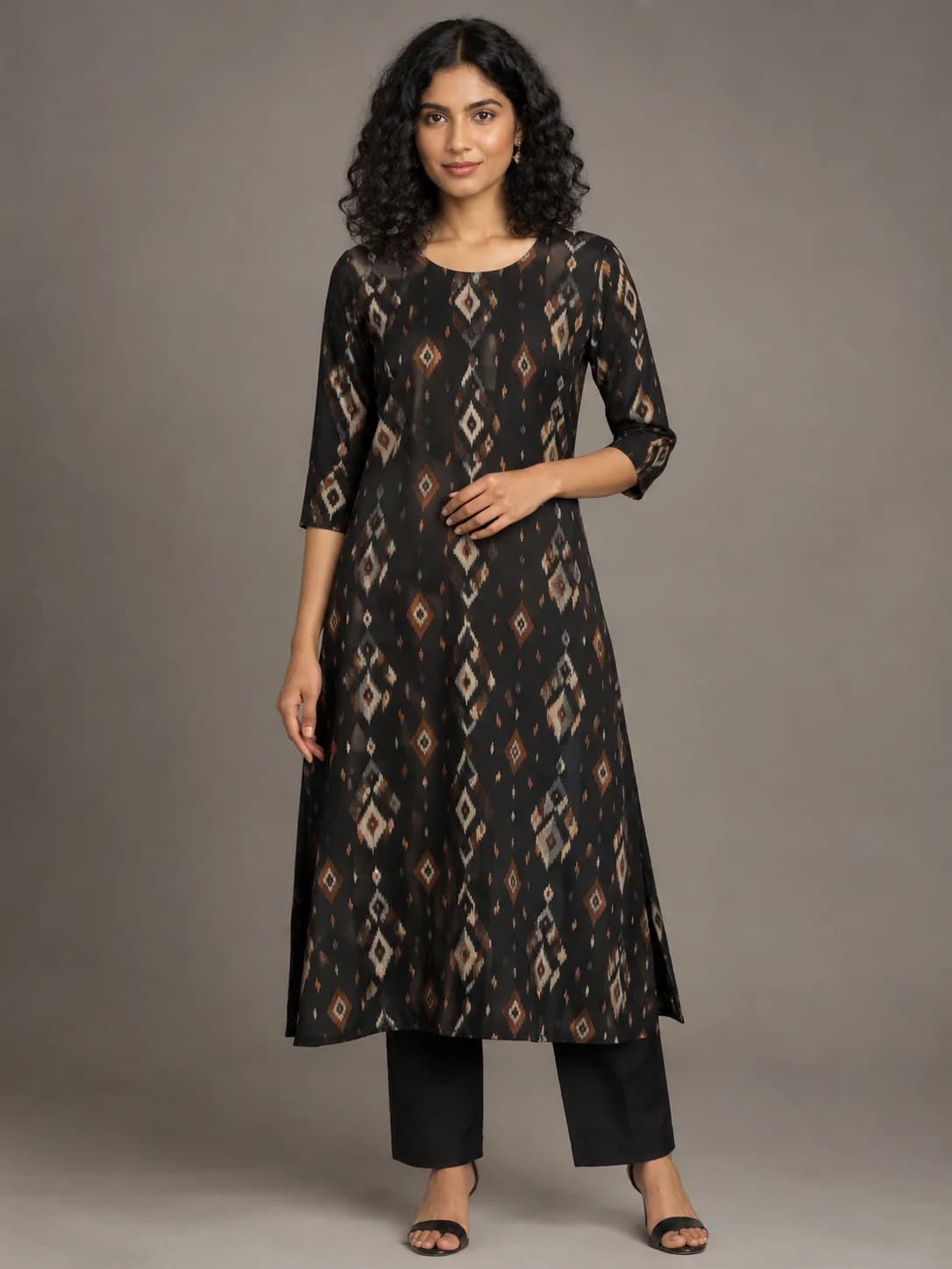 Black Geometric Ikat A-Line Kurta product image — Black — image 1