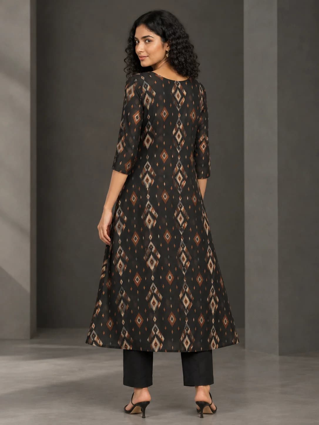 Black Geometric Ikat A-Line Kurta product image — Black thumbnail 4
