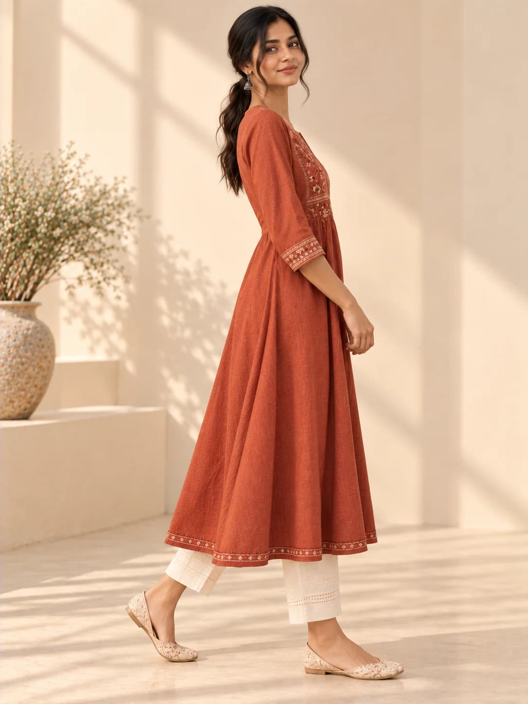 Rust Kantha Embroidered A-Line Kurta product image — Rust — image 1