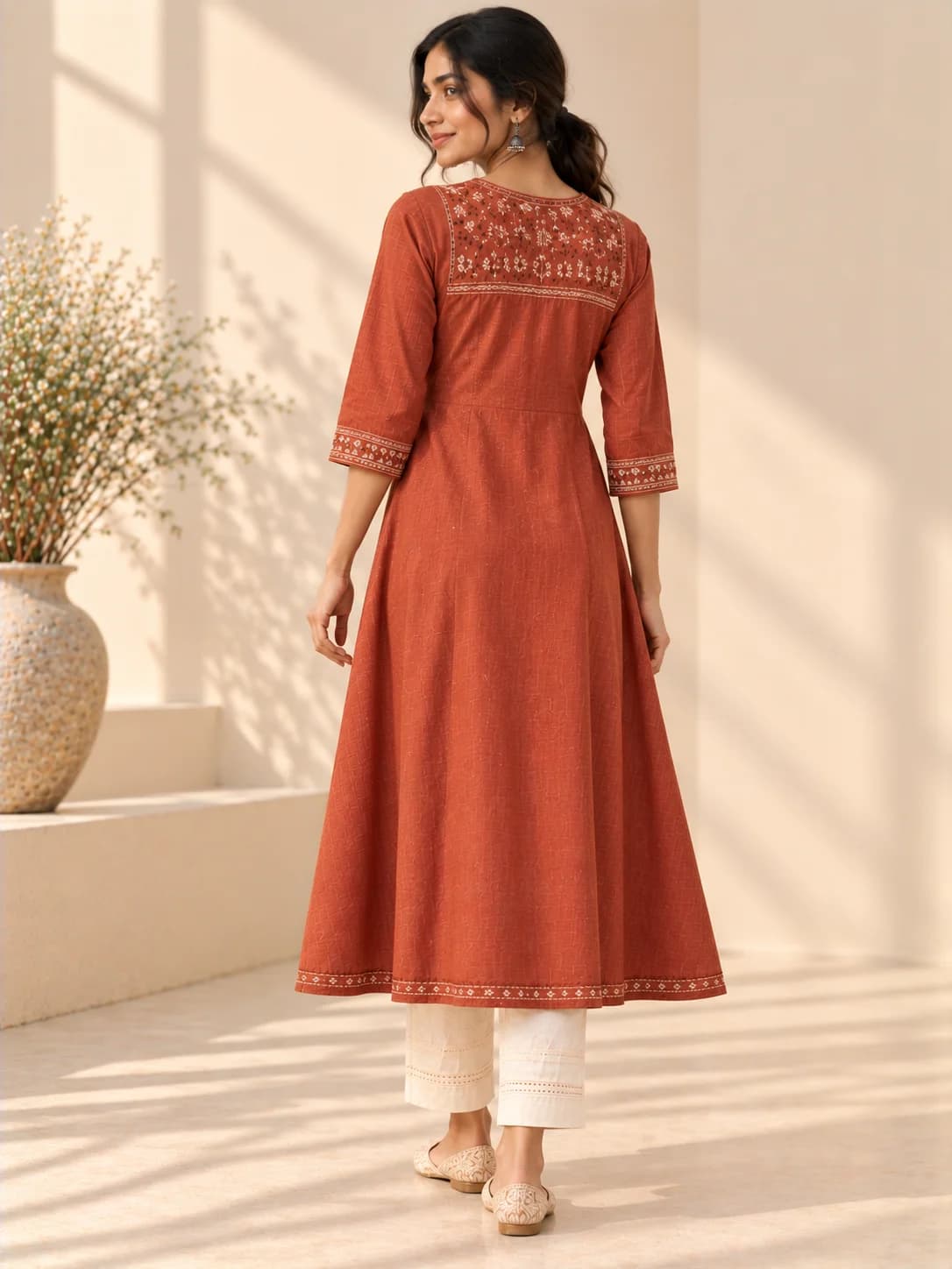 Rust Kantha Embroidered A-Line Kurta product image — Rust thumbnail 4