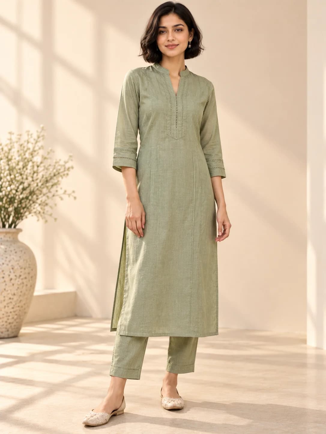Sage Green Linen Blend Straight Kurta product image — Sage Green — image 1