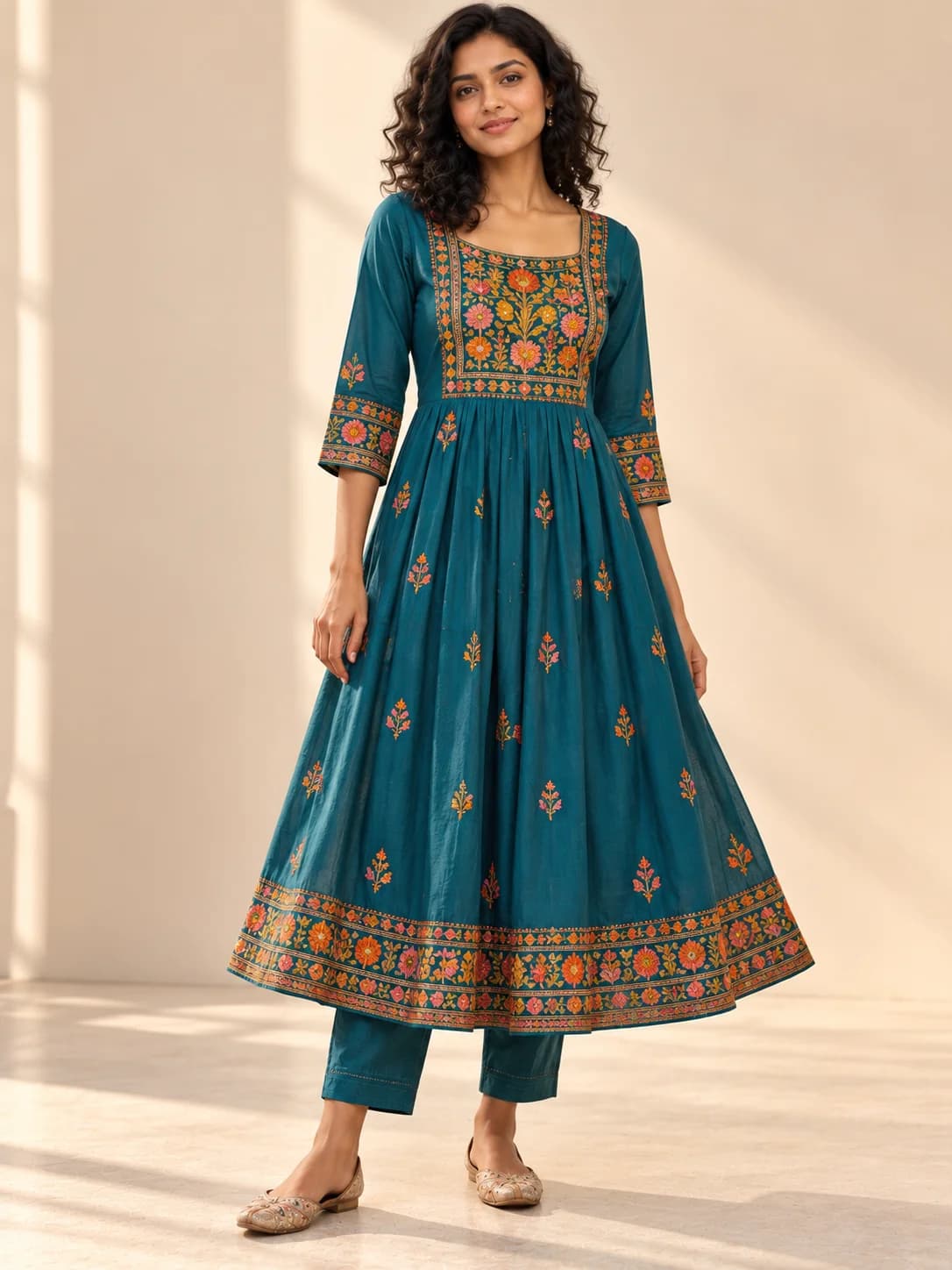 Teal Phulkari Embroidered Flared Kurta product image — Teal — image 1
