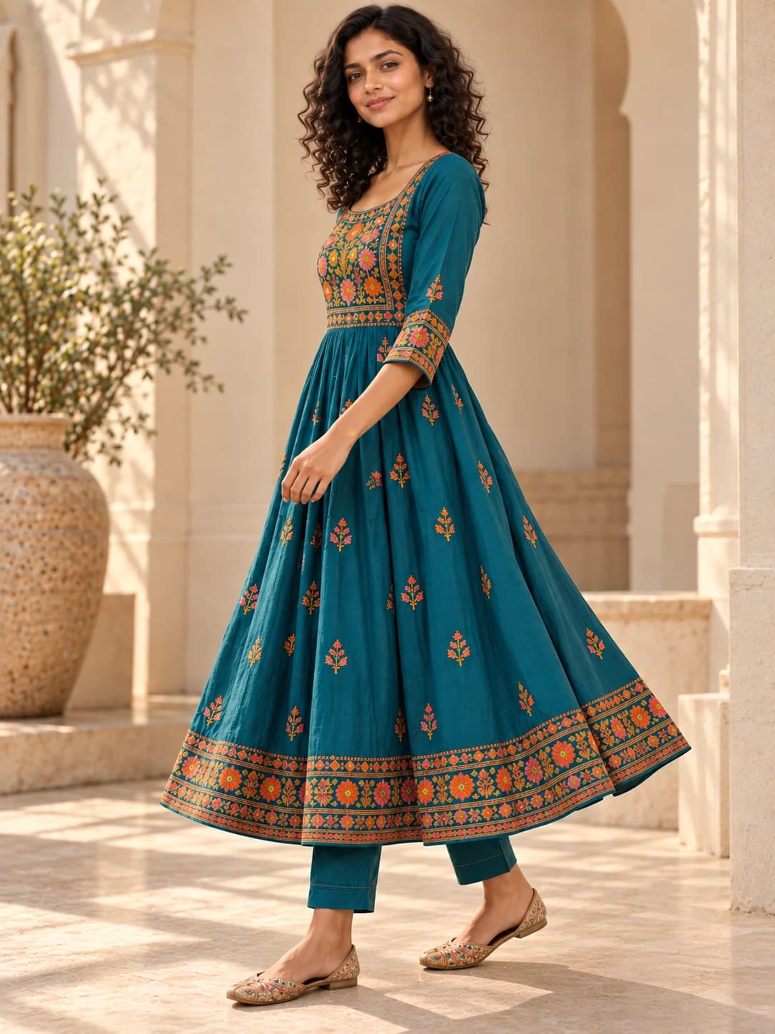 Teal Phulkari Embroidered Flared Kurta product image — Teal thumbnail 3