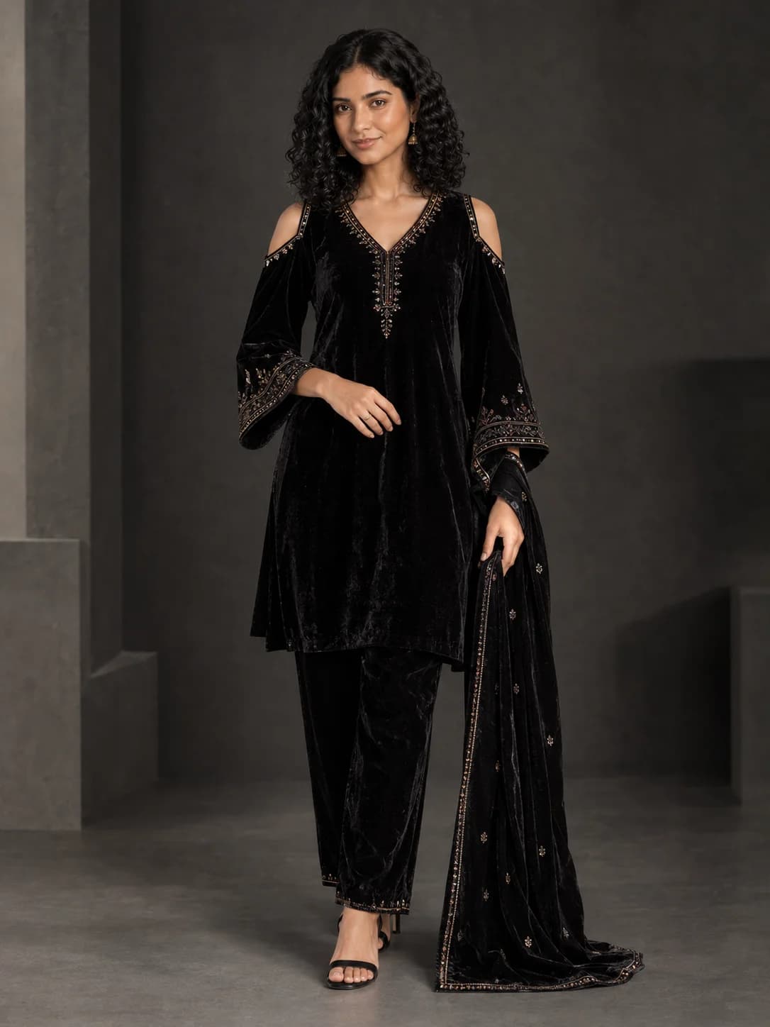Black Velvet Cold-Shoulder Suit Set product image — Black — image 1