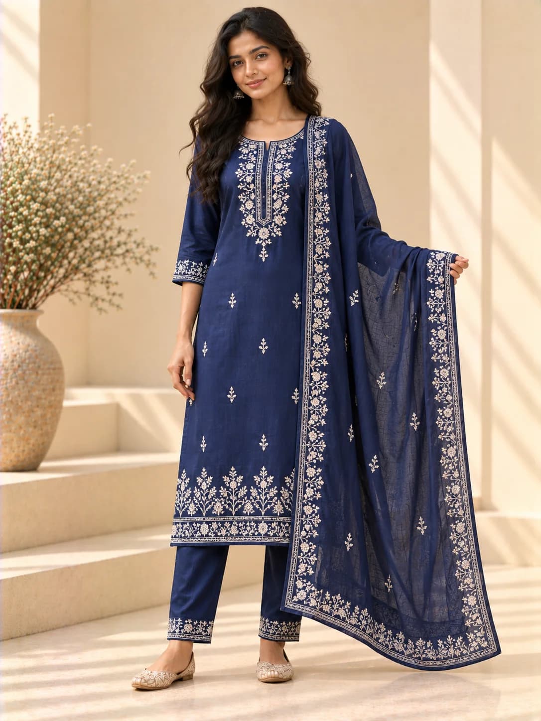 Indigo Cotton Hand-Embroidered Straight Suit Set product image — Indigo — image 1
