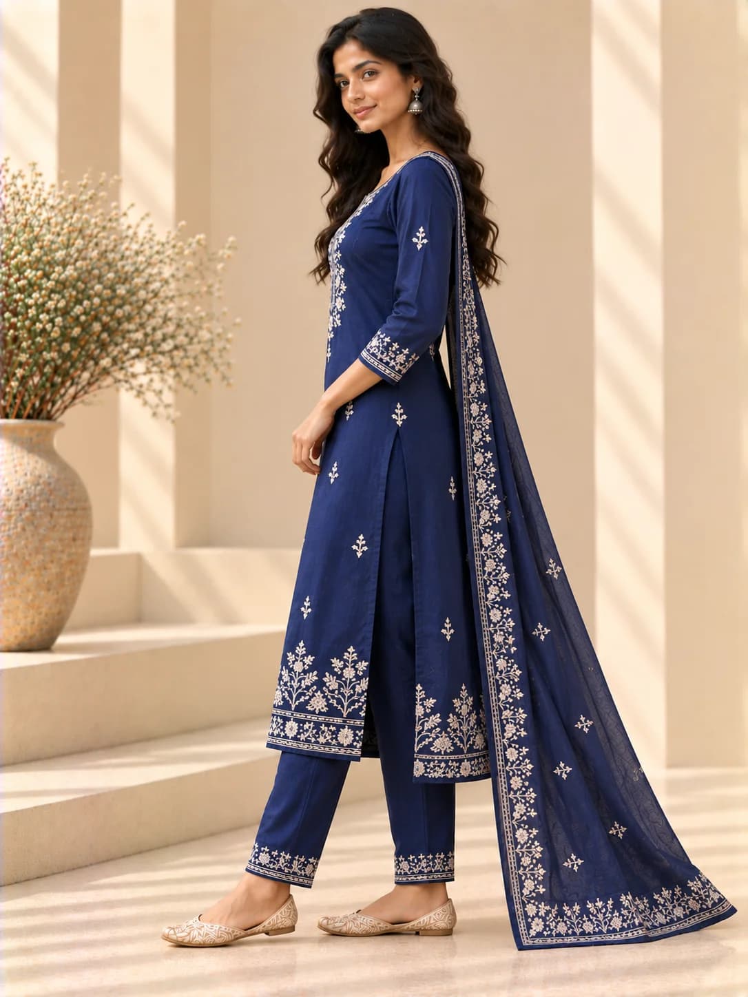 Indigo Cotton Hand-Embroidered Straight Suit Set product image — Indigo thumbnail 3