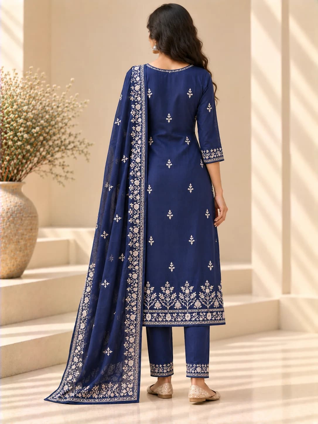 Indigo Cotton Hand-Embroidered Straight Suit Set product image — Indigo thumbnail 4