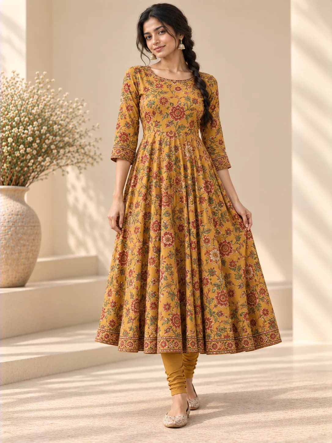 Mustard Floral Anarkali Kurta & Churidar Set product image — Mustard — image 1