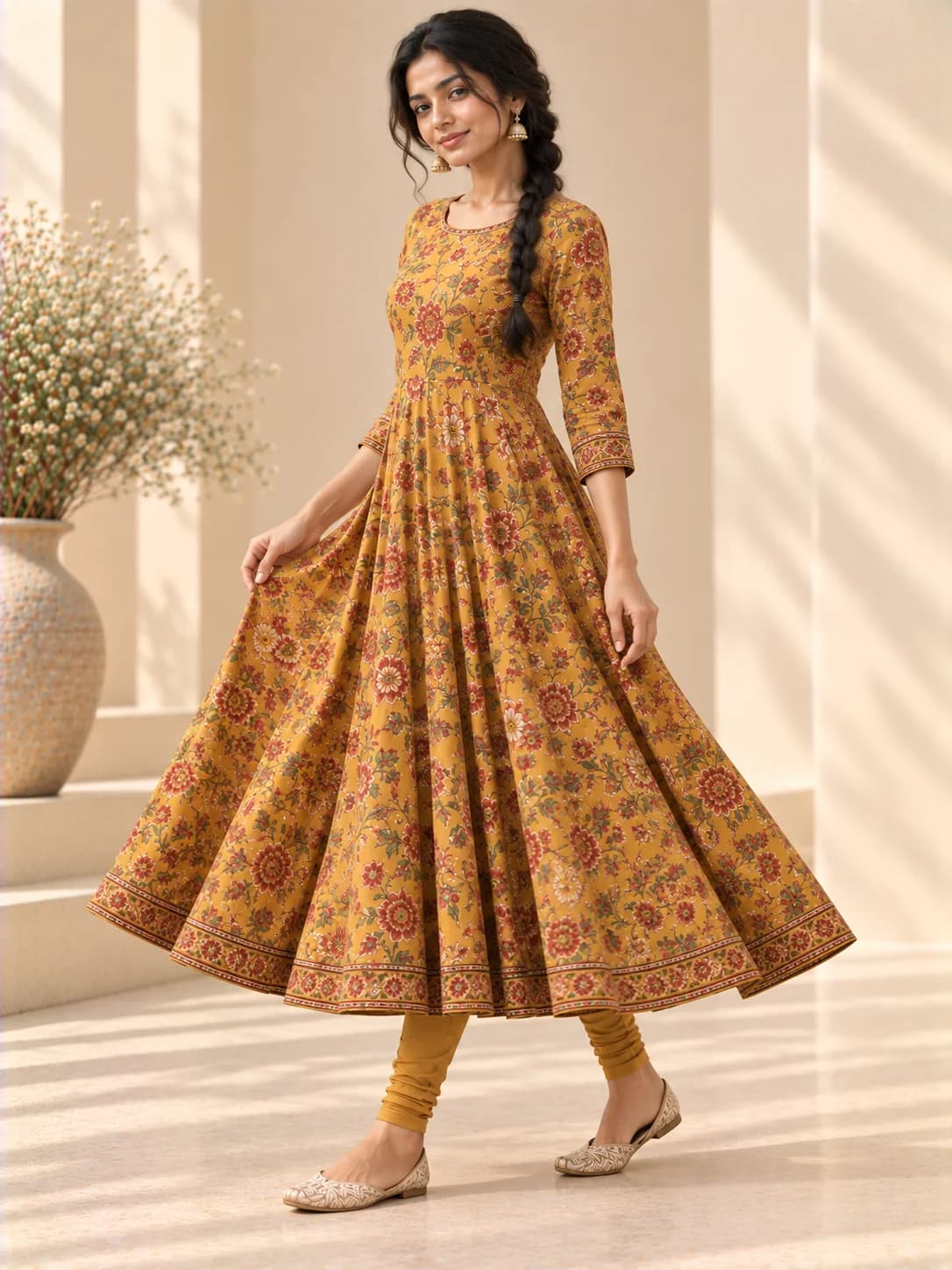 Mustard Floral Anarkali Kurta & Churidar Set product image — Mustard thumbnail 2