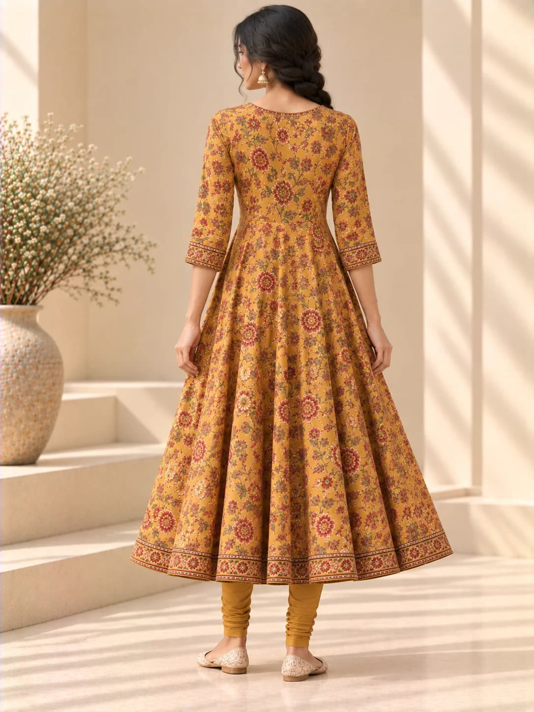 Mustard Floral Anarkali Kurta & Churidar Set product image — Mustard thumbnail 4